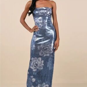 Lulu's Strapless Sequin Shimmering Blue Floral Gown